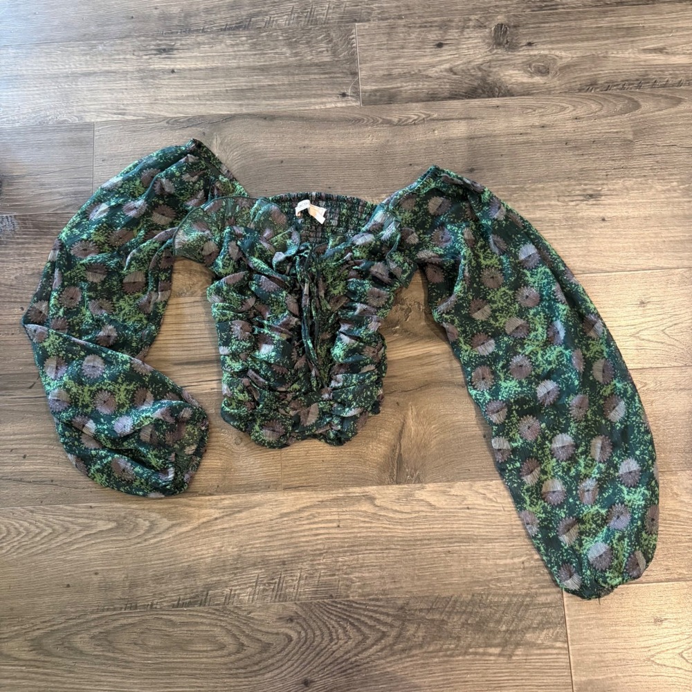 BCBGeneration Green Abstract Ruched Smocked‎ Balloon Sleeve Crop Top Large Fairy
